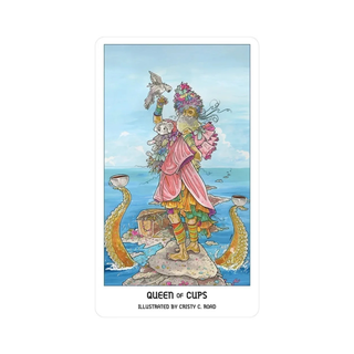 Colorful illustration of the 'Queen of Cups' tarot card with a character holding a baby on a blue background.