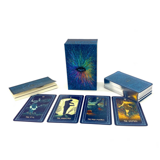 Tarot card set with cards and box on a white background