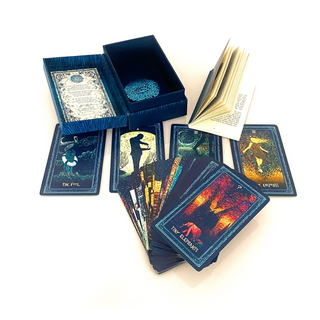 Collection of tarot cards with colorful designs on a white background