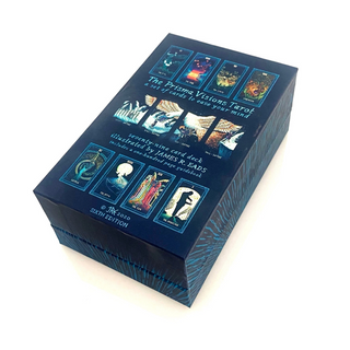 Blue tarot card box with card illustrations on a white background