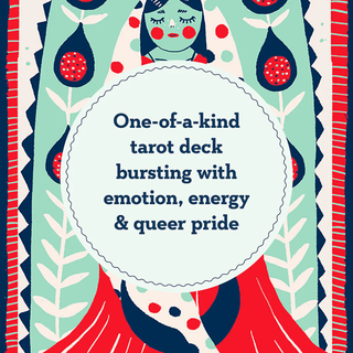 Cover of a tarot deck with colorful illustration and text about emotion, energy, and queer pride.