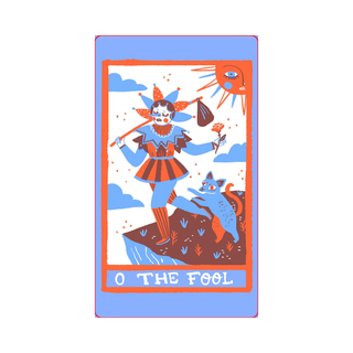 Tarot card featuring 'The Fool' with a colorful illustration on a white background