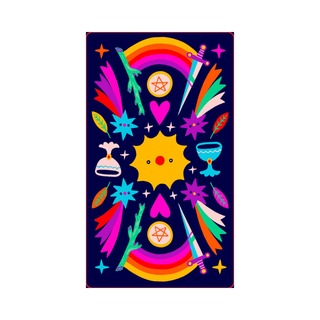 Colorful towel with star, rainbow, and abstract designs on a dark blue background