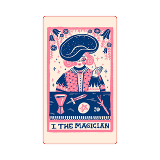 Card featuring an illustration of 'The Magician' from a tarot deck with a pink and blue color scheme.