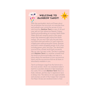 Welcome page of Rainbow Tarot with text and colorful graphics on a pink background
