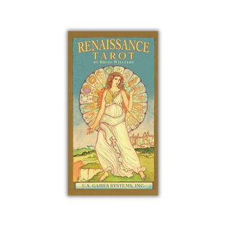 Renaissance Tarot card packaging with a woman in a white dress and decorative background.