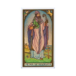 Tarot card featuring a figure in robes with a staff, surrounded by decorative elements on a white background.