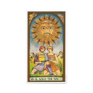 Tarot card featuring a sun design with two people underneath on a white background