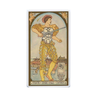 Tarot card featuring a person in a costume on a white background.