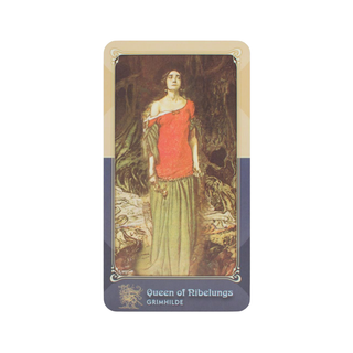 Card featuring a character in a red and green dress with 'Queen of Ribelungs' text on a white background