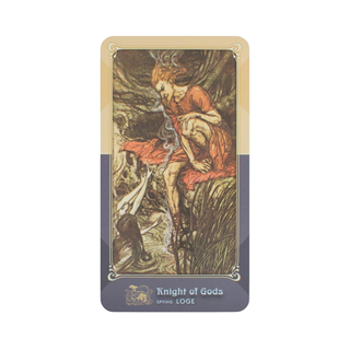 Tarot card featuring a woman in a red dress sitting on a rock with a dog, titled 'Knight of Gods'.