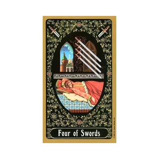 Russian Tarot of St. Petersburg card  featuring the four swords tarot above a sleeping man with decorative border and imagery