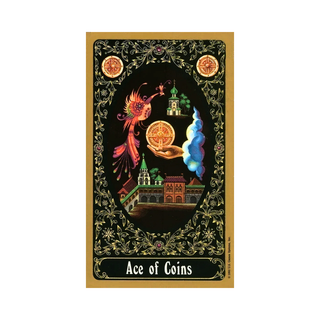 Russian Tarot of St. Petersburg card  featuring 'Ace of Coins' with decorative elements on a black background