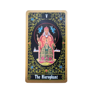 Russian Tarot of St. Petersburg card  titled 'The Hierophant' with intricate design and central figure on a black background.