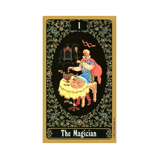Russian Tarot of St. Petersburg card  featuring 'The Magician' with ornate border and colorful illustration.