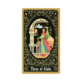 Russian Tarot of St. Petersburg card  featuring a colorful illustration with decorative border and text 'Three of Clubs' on a white background