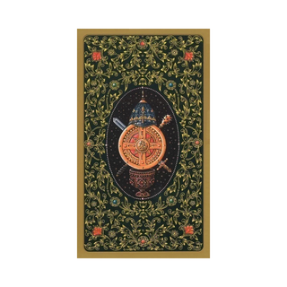 The back of a Russian Tarot of St. Petersburg card with intricate design and central emblem on a white background