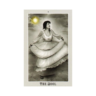 Vintage-style tarot card featuring a woman in a long dress with 'The Fool' at the bottom.