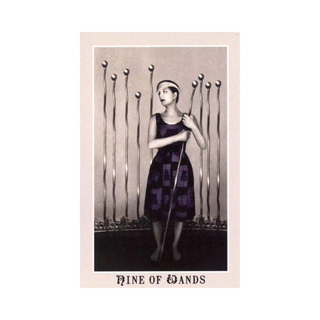 Tarot card featuring a woman holding wands with text 'Nine of Wands' on a white background