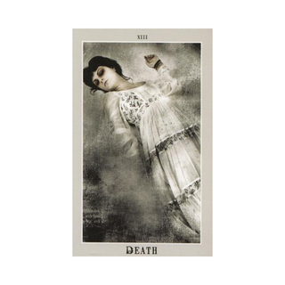 Vintage-style tarot card titled 'Death' featuring a woman in a white dress.