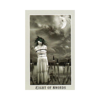 Tarot card titled 'Eight of Swords' with a woman in a dress and swords against a stormy sky.