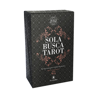 Sola Busca Tarot card box with decorative text and patterns on a white background