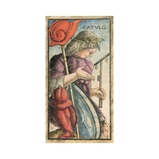 Vintage-style card featuring a person with a red banner and a lock, on a white background.