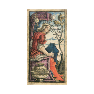 Vintage-style card with a person in a red outfit and hat, holding a book, on a white background.