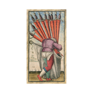 Vintage-style tarot card with a person holding red cards on a white background