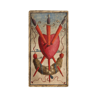 Vintage-style card with a red heart and crossed swords on a white background