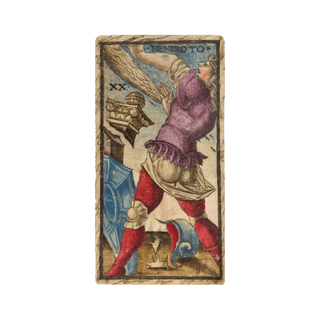 Vintage-style tarot card with a character in a purple robe and red boots on a white background