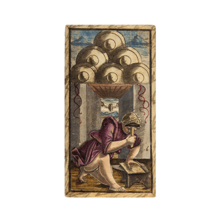 Decorative panel with a person holding a helmet and a large head above their head, framed by decorative elements.