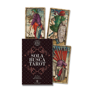 Sola Busca Tarot book with three tarot cards on a white background