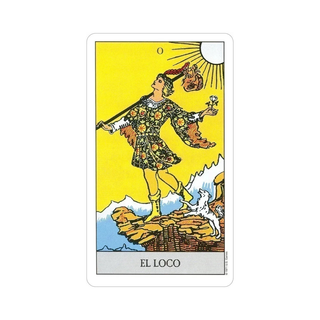 Tarot card titled 'El Loco' with a person in a colorful outfit against a yellow background.