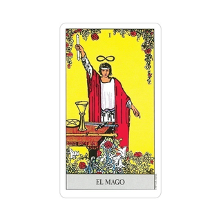 Tarot card titled 'El Mago' with a person in red robes holding a candle on a yellow background.
