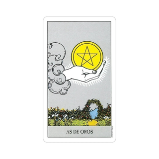 Tarot card featuring a hand holding a yellow pentacle symbol with a gray background