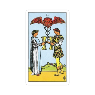 Two people holding cups with a red lion above them on a tarot card.