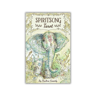 Spiritsong Tarot card deck cover with an elephant illustration on a white background