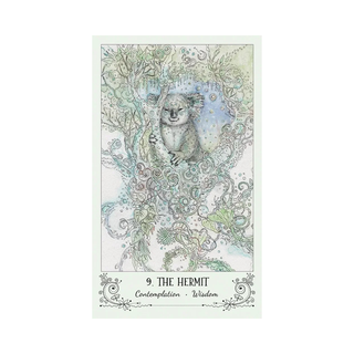 Spiritsong Tarot card featuring a koala in a forest with 'The Hermit' text and symbols.