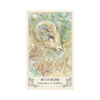 Spiritsong Tarot card with a ram illustration and 'Ace of Acorns' text on a decorative background