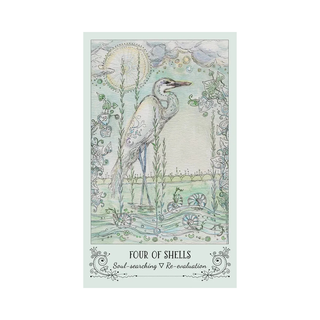 Spiritsong Tarot card  with a stylized illustration of a heron and shell design, labeled 'Four of Shells'.