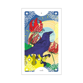 Colorful tarot card with a crow and red hands on a white background