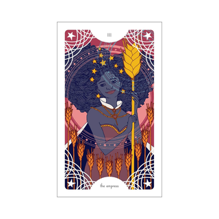 Tarot card featuring a stylized illustration of a woman holding a staff with stars and wheat, on a white background.