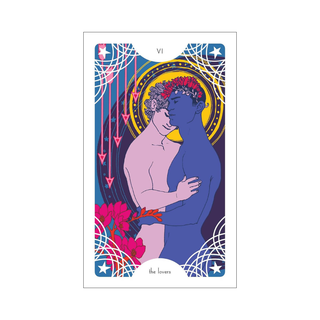 Colorful tarot card featuring two people embracing with decorative elements on a white background