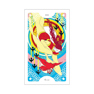 Colorful tarot card featuring a dancer and birds with 'XIX' and 'The Sun' text.