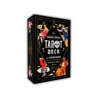 Tarot deck packaging with colorful illustrations and 'Sugar Skull Tarot Deck' text on a white background
