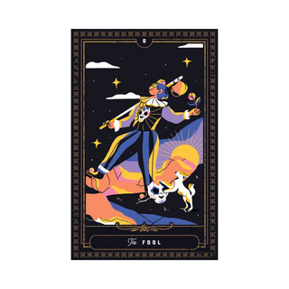 Tarot card featuring a colorful illustration of a jester-like figure with a dog on a white background
