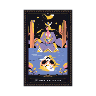 Tarot card featuring 'The High Priestess' with a stylized illustration of a woman and celestial elements.