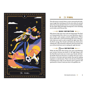 Illustration of a tarot card titled 'The Fool' with text on a white background
