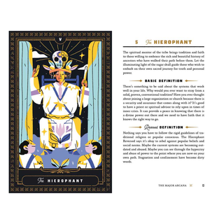 Tarot card featuring the Hierophant with descriptive text on a white background